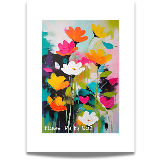 Dette kunstverket kombinerer en eksplosjon av farger med abstrakte blomster i en energisk og moderne stil.