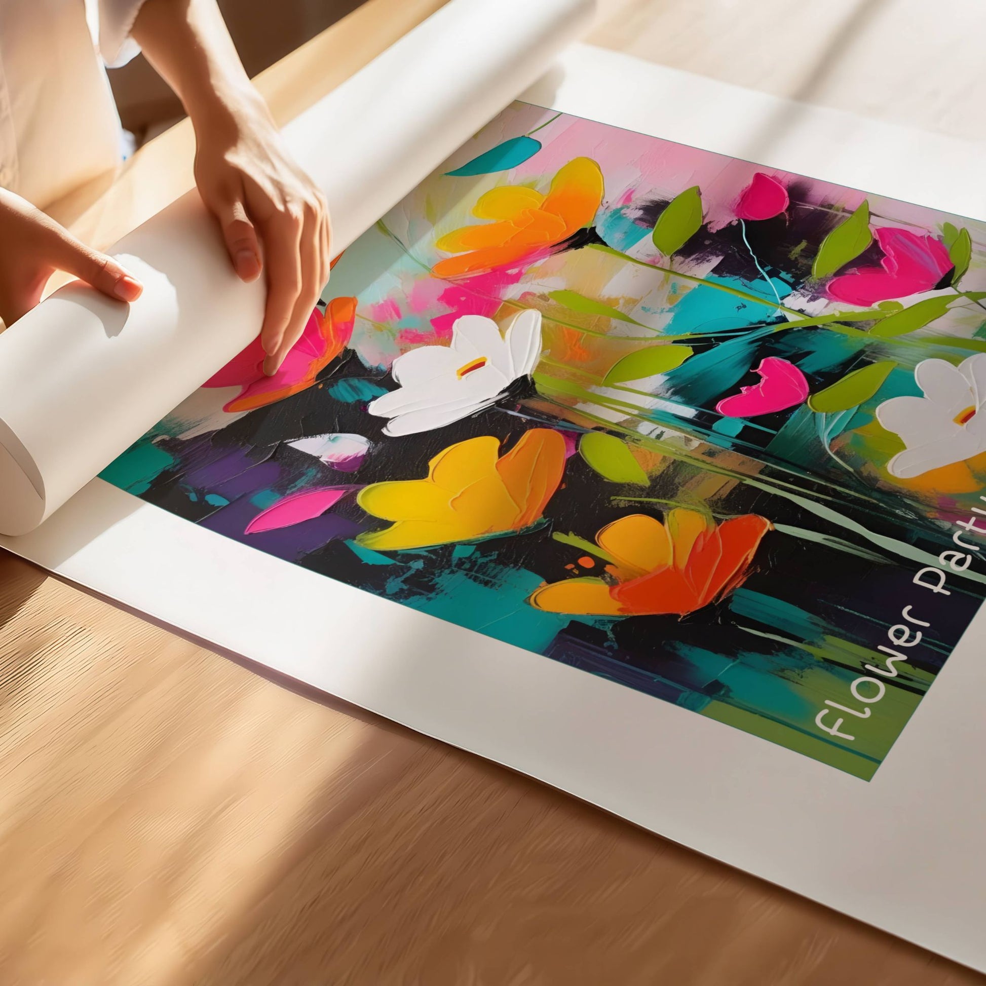 Dette kunstverket kombinerer en eksplosjon av farger med abstrakte blomster i en energisk og moderne stil. Illustrasjon viser plakat på print.