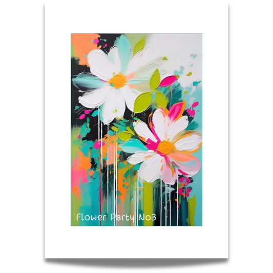 Flower Party No3 – Plakat er et moderne og livlig kunstverk med abstrakte blomster og dynamiske penselstrøk. 