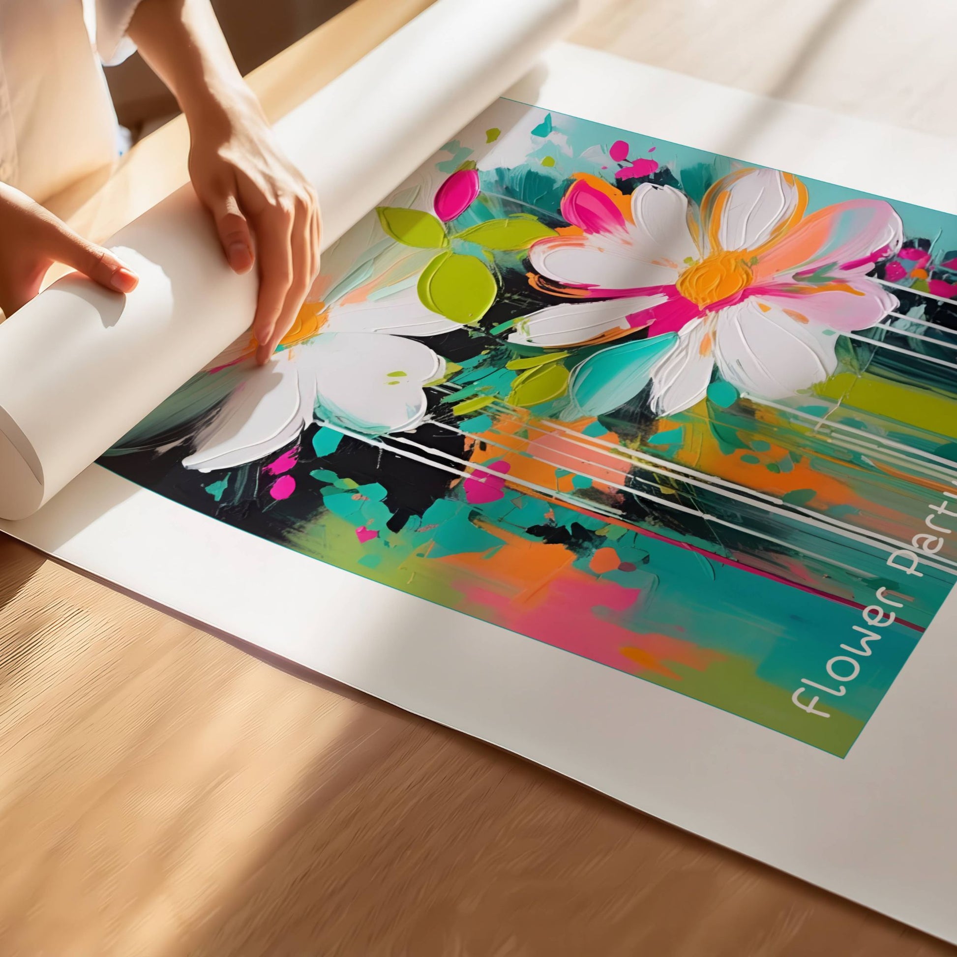 Flower Party No3 – Plakat er et moderne og livlig kunstverk med abstrakte blomster og dynamiske penselstrøk. Illustrasjon viser plakat på print.