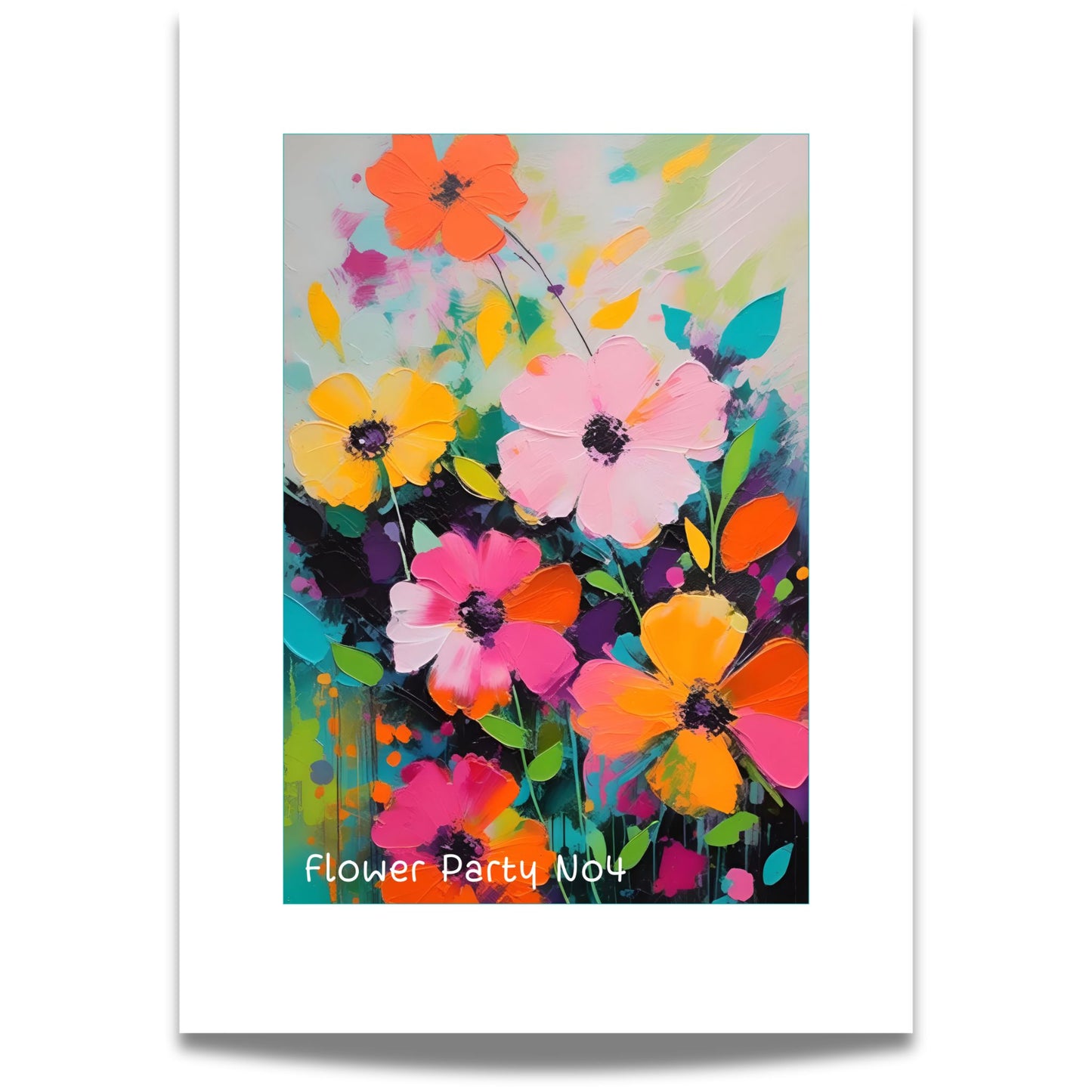 Flower Party No4 – Plakat er et levende kunstverk fylt med dynamiske penselstrøk og sterke kontraster, perfekt for deg som ønsker en moderne og energisk veggdekorasjon.