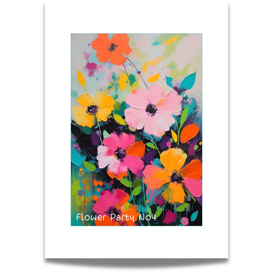 Flower Party No4 – Plakat er et levende kunstverk fylt med dynamiske penselstrøk og sterke kontraster, perfekt for deg som ønsker en moderne og energisk veggdekorasjon.
