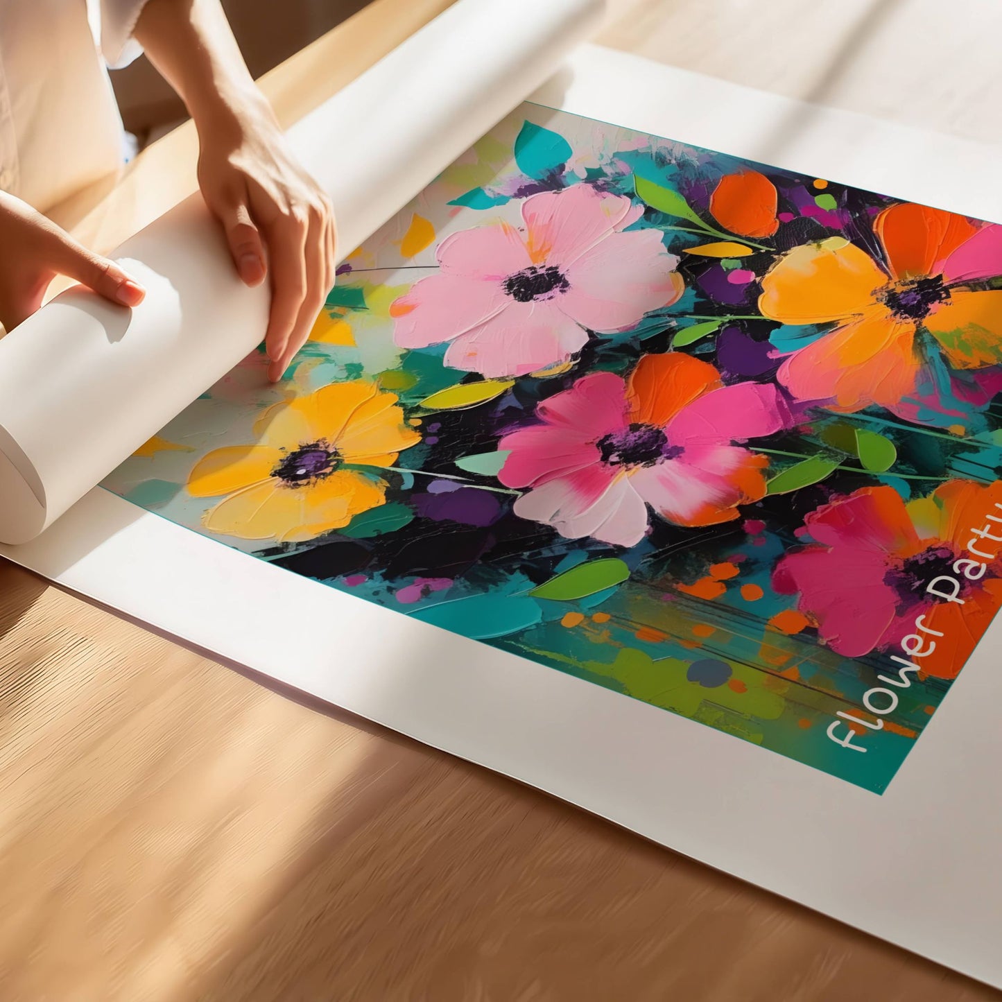 Flower Party No4 – Plakat er et levende kunstverk fylt med dynamiske penselstrøk og sterke kontraster, perfekt for deg som ønsker en moderne og energisk veggdekorasjon. Illustrasjon viser plakat på print.