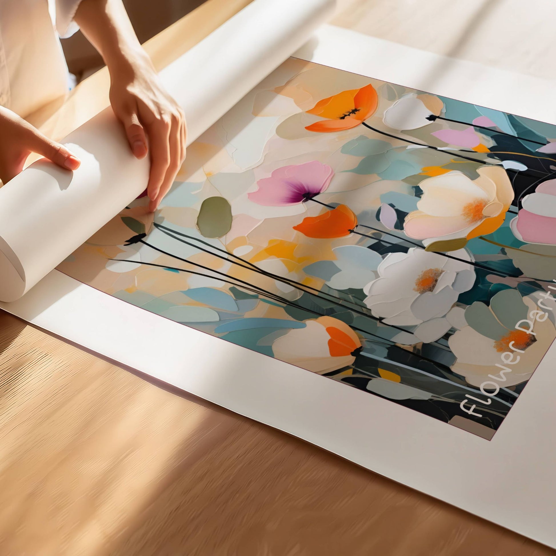 Dette kunstverket kombinerer myke pastellfarger med stiliserte blomster og en beroligende fargepalett. Illustrasjon viser plakat på print.