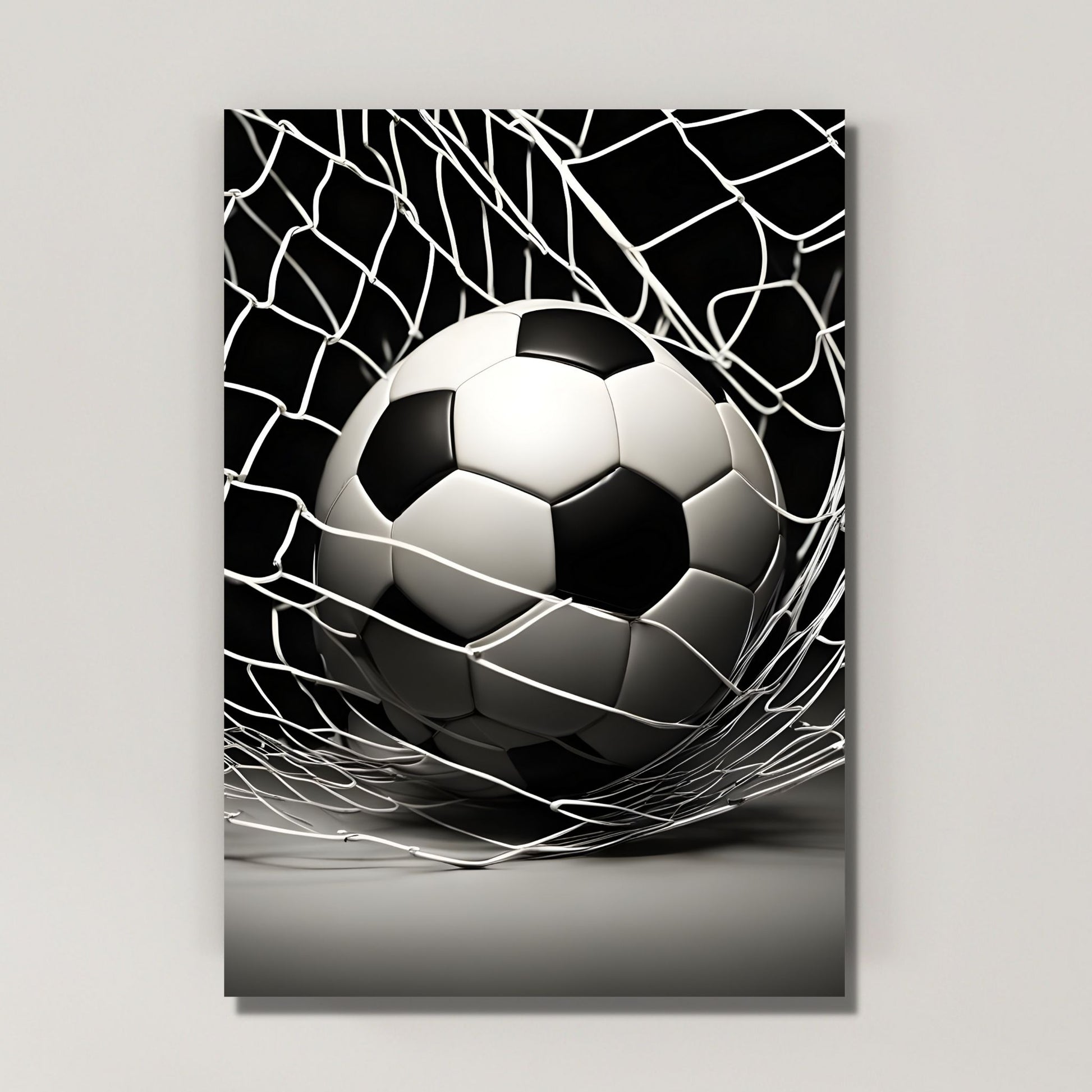 Grafisk motiv av en fotball i nettet. Illustrasjon viser plakat som lerret på en vegg.