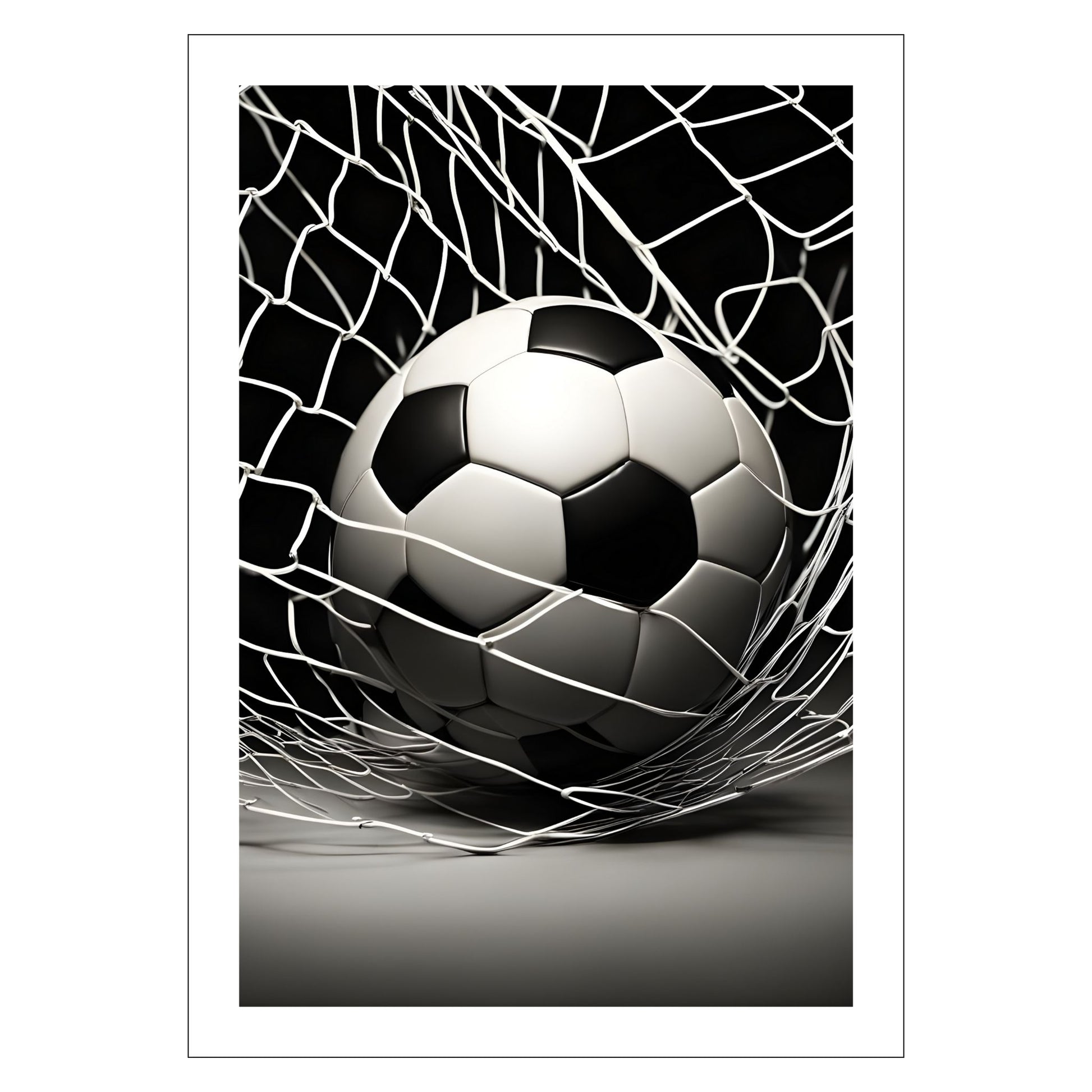 Grafisk motiv av en fotball i nettett. Fås som plakat og på lerret.