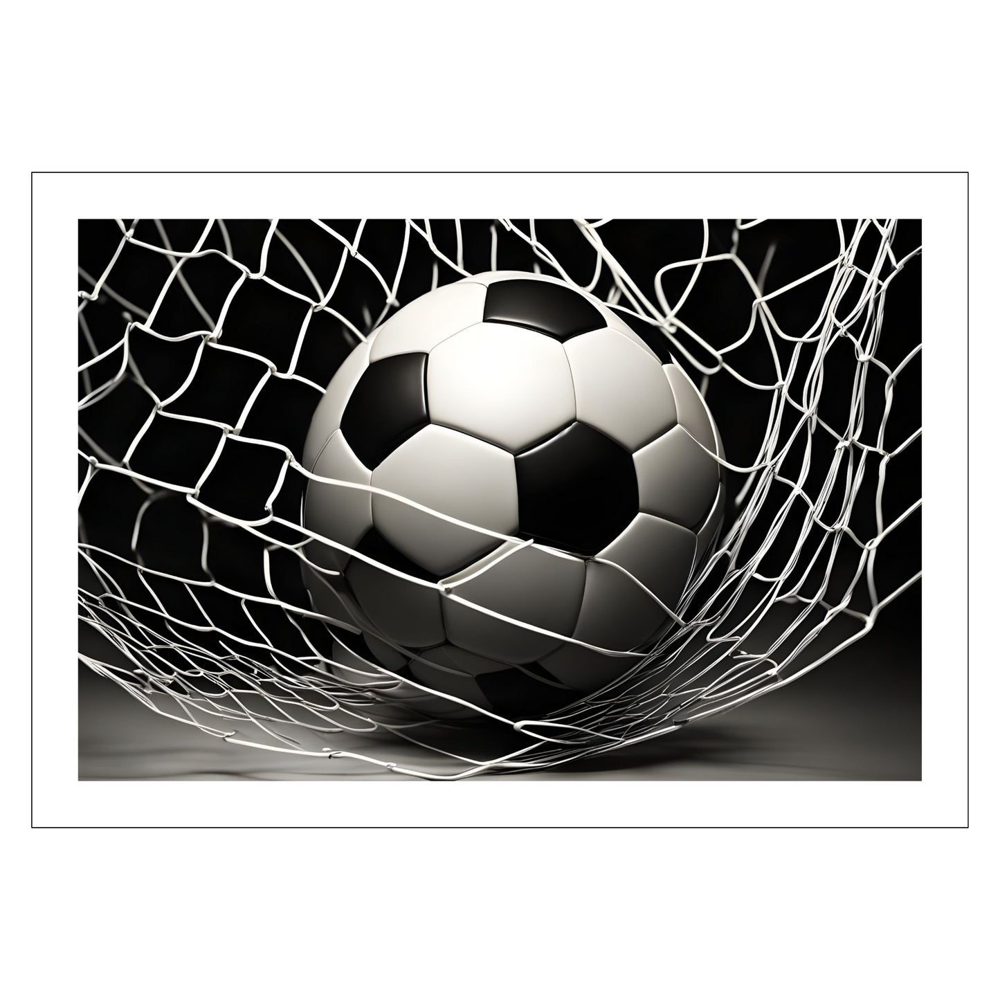 Grafisk motiv av en fotball i nettett. Fås som plakat og på lerret.