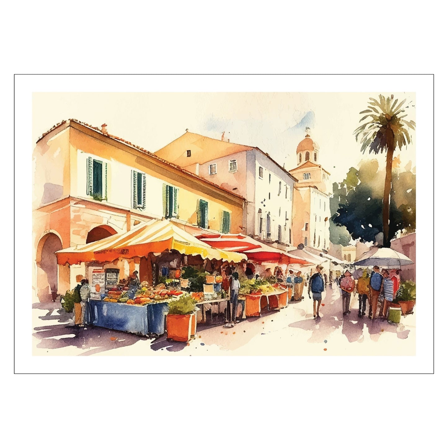 Grafisk akvarell av en sjarmerende liten Fransk landsby. Motivet viser at det er torgdag i byen. Motivet fås som plakat og på lerret.