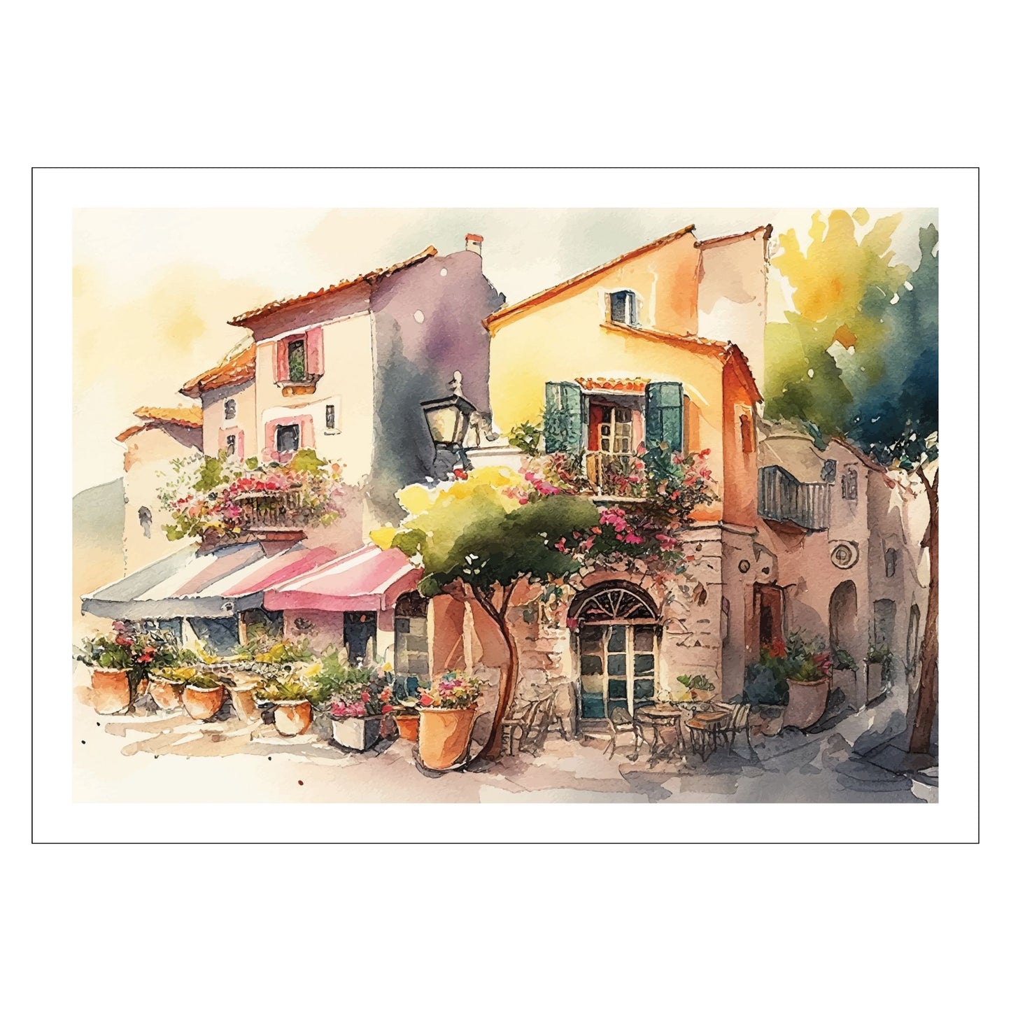Grafisk akvarell av sjarmerende, liten Fransk landsby. Motivet viser små hus med balkonger, klatreplanter og planter i krukker. Motivet fås som plakat og på lerret.