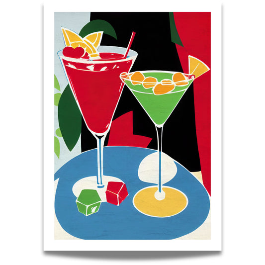 Fruktige Favoritter er en cocktailplakat i moderne kunststil som sprudler av energi og kontrast.