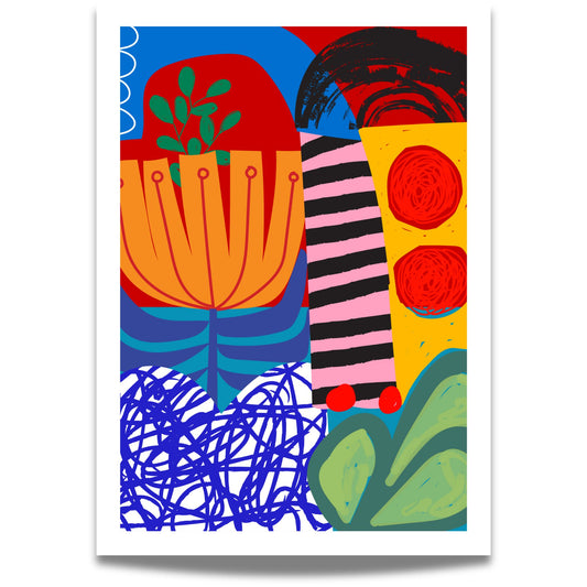 Funky Flora No1 er en plakat som feirer det lekne og det livlige – en eksplosjon av farger, former og florale uttrykk i moderne, grafisk stil. 