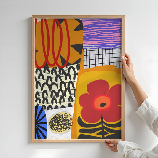 Funky Flora No2 er en plakat som feirer det lekne og det livlige – en eksplosjon av farger, former og florale uttrykk i moderne, grafisk stil. Illustrasjonen viser plakat uten hvit kant i eik ramme.