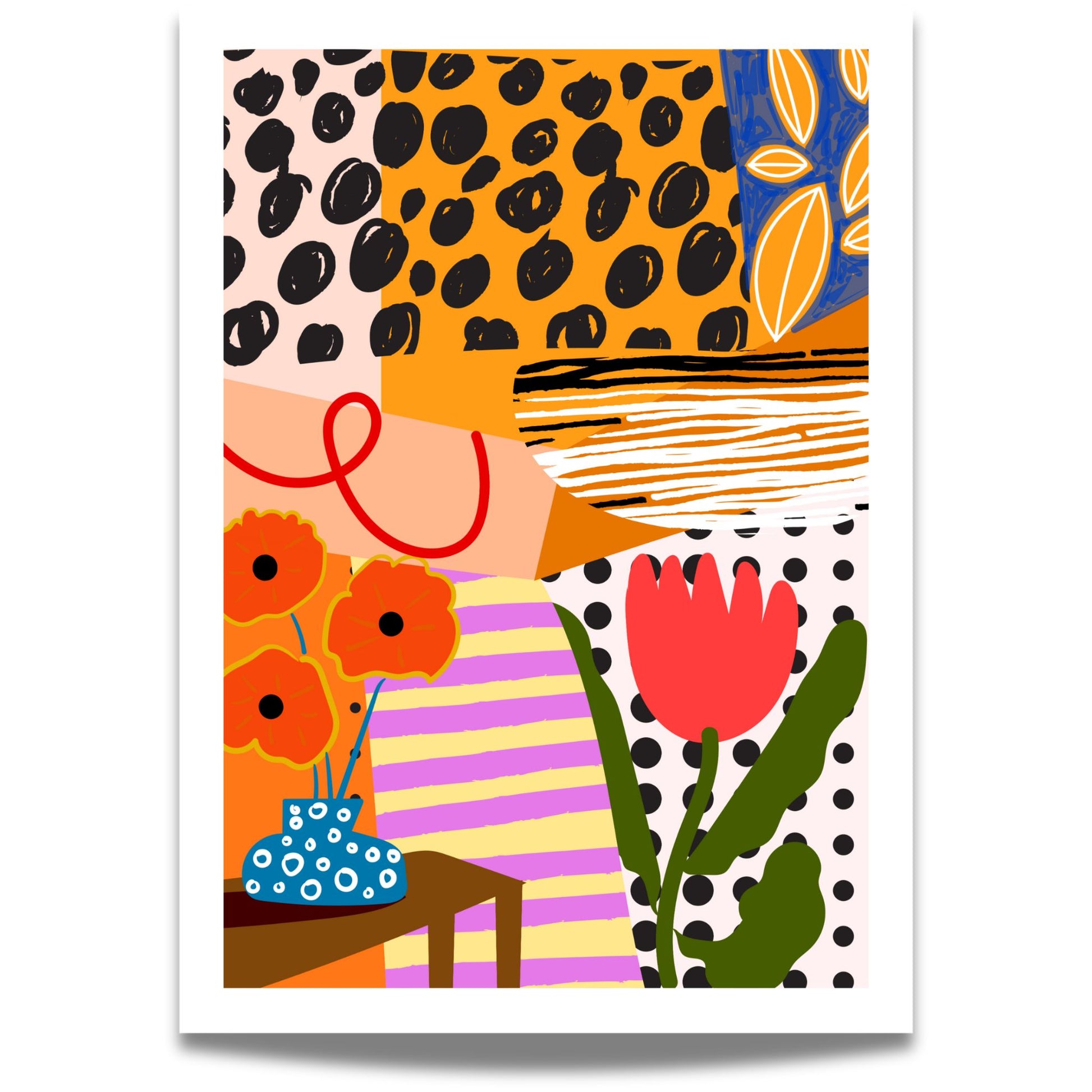 Funky Flora No3 er en plakat som feirer det lekne og det livlige – en eksplosjon av farger, former og florale uttrykk i moderne, grafisk stil. 