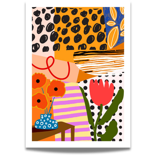 Funky Flora No3 er en plakat som feirer det lekne og det livlige – en eksplosjon av farger, former og florale uttrykk i moderne, grafisk stil. 