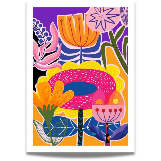 Funky Flora No4 er en plakat som feirer det lekne og det livlige – en eksplosjon av farger, former og florale uttrykk i moderne, grafisk stil. 