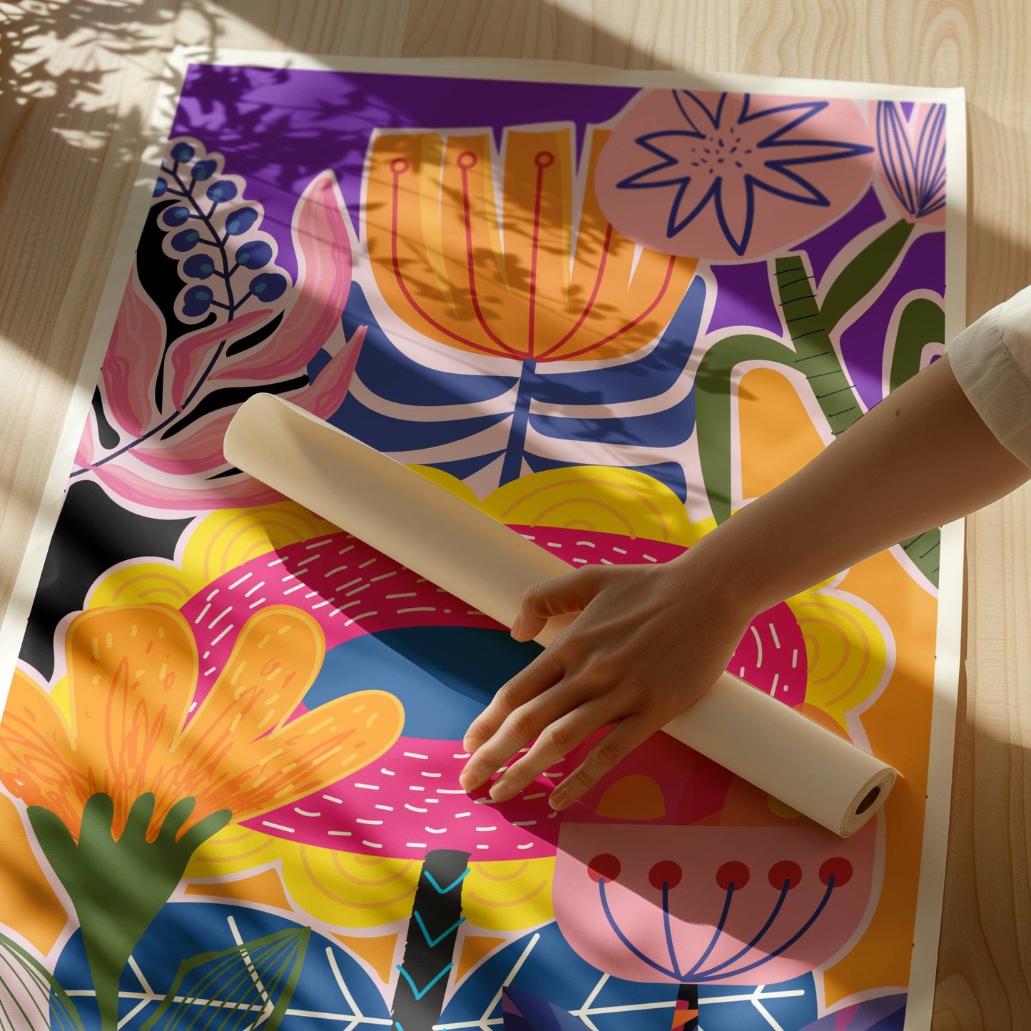 Funky Flora No4 er en plakat som feirer det lekne og det livlige – en eksplosjon av farger, former og florale uttrykk i moderne, grafisk stil. Illustrasjonen viser plakat med hvit kant på print.