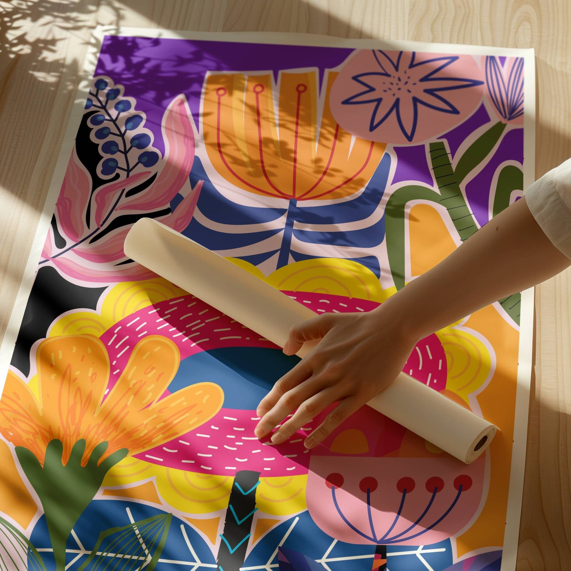 Funky Flora No4 er en plakat som feirer det lekne og det livlige – en eksplosjon av farger, former og florale uttrykk i moderne, grafisk stil. Illustrasjonen viser plakat med hvit kant på print.
