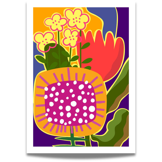 Funky Flora No5 er en plakat som feirer det lekne og det livlige – en eksplosjon av farger, former og florale uttrykk i moderne, grafisk stil. 