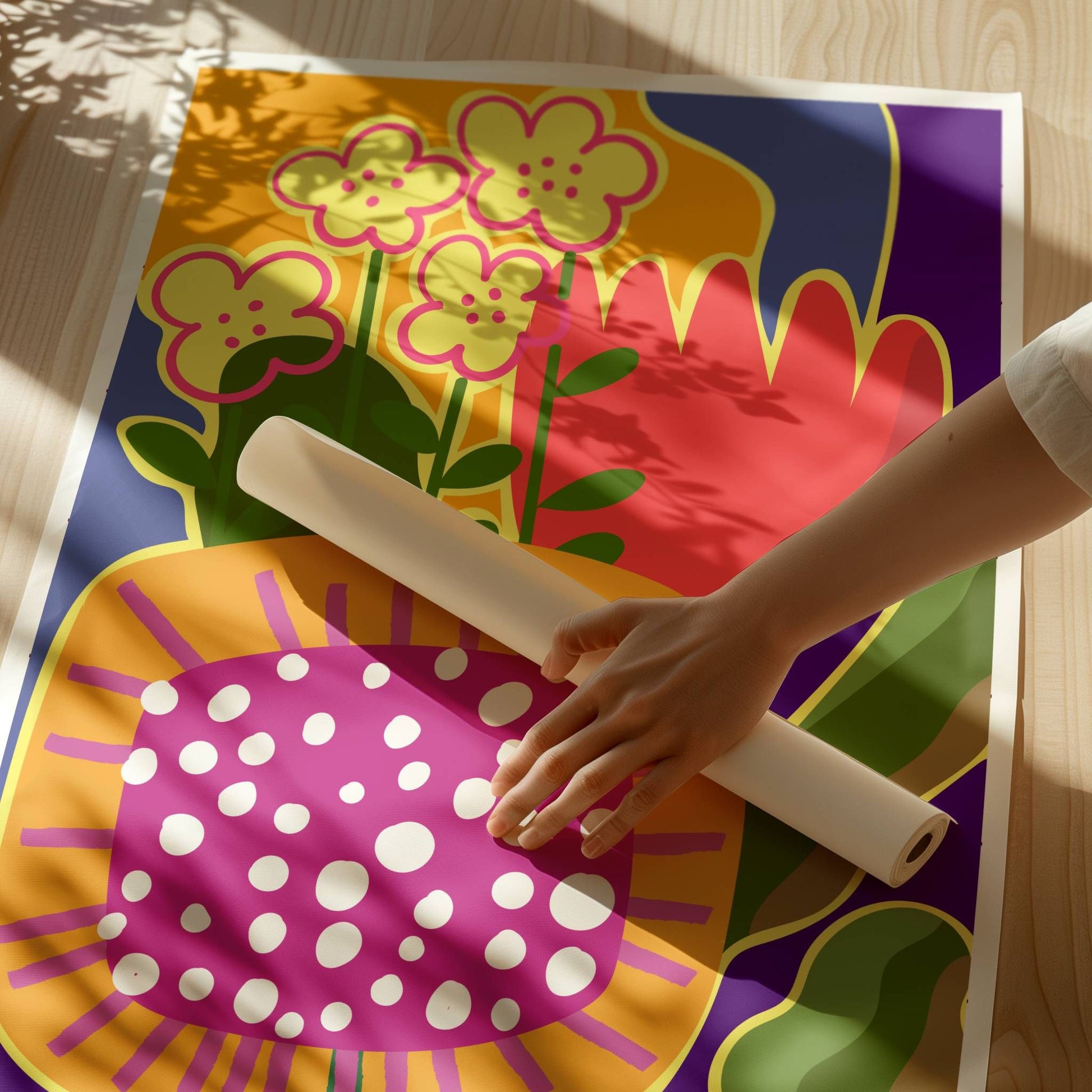 Funky Flora No5 er en plakat som feirer det lekne og det livlige – en eksplosjon av farger, former og florale uttrykk i moderne, grafisk stil. Illustrasjonen viser plakat med hvit kant på print.