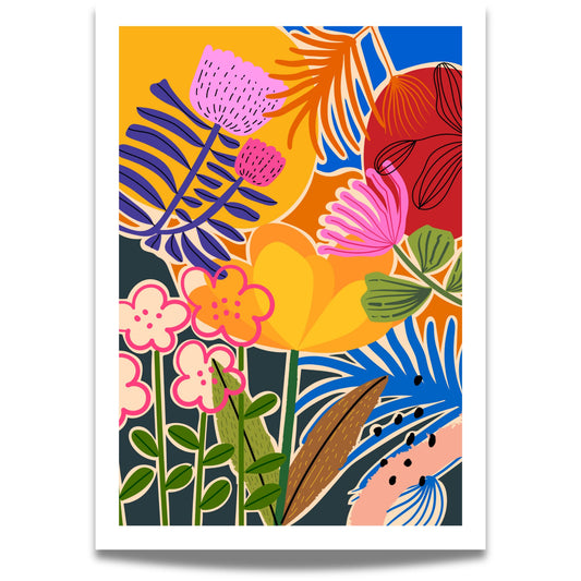 Funky Flora No6 er en plakat som feirer det lekne og det livlige – en eksplosjon av farger, former og florale uttrykk i moderne, grafisk stil. 