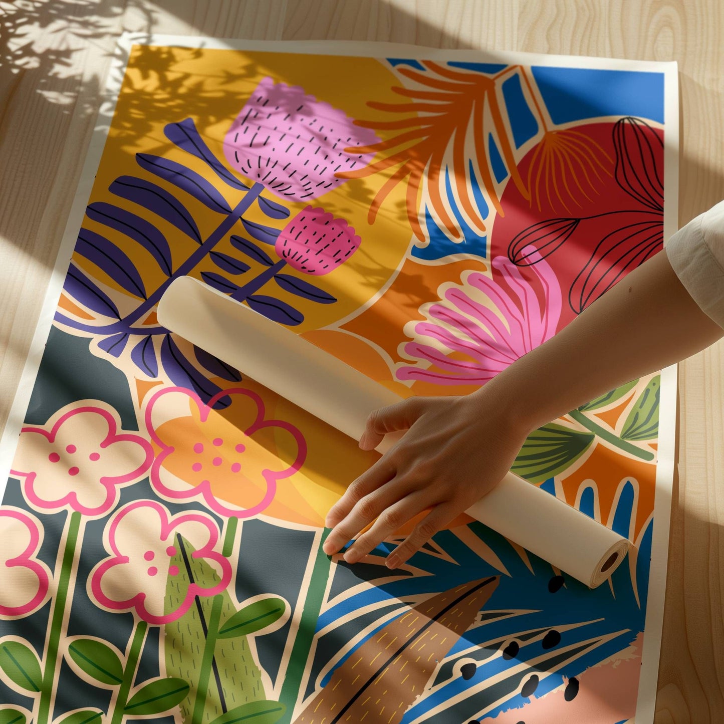 Funky Flora No6 er en plakat som feirer det lekne og det livlige – en eksplosjon av farger, former og florale uttrykk i moderne, grafisk stil. Illustrasjonen viser plakat med hvit kant på print.