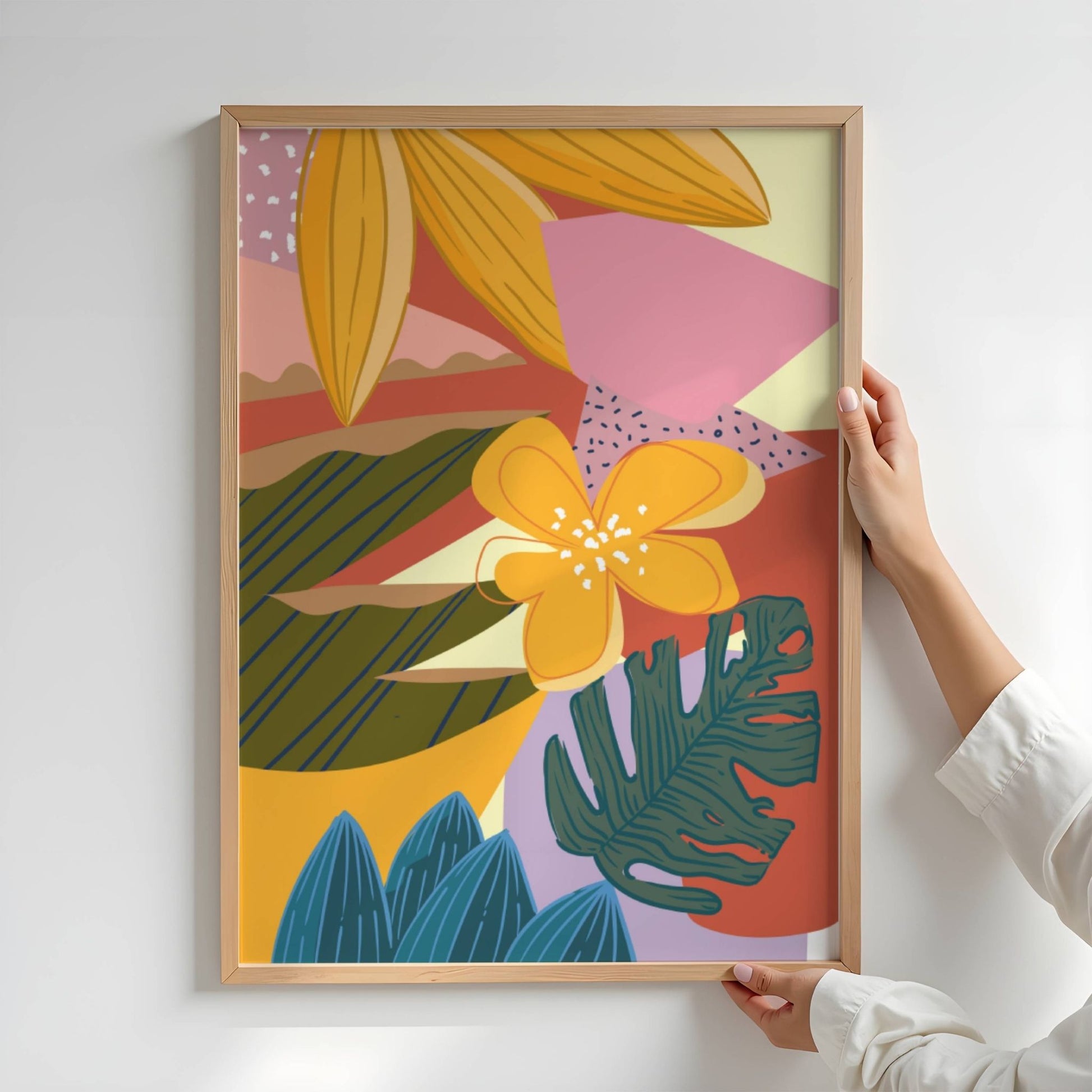 Funky Flora Fargerike Plakat er en leken og energisk plakatserie som hyller farger, former og kreativ frihet. Illustrasjon viser plakat uten hvit kantlinje i eik ramme.