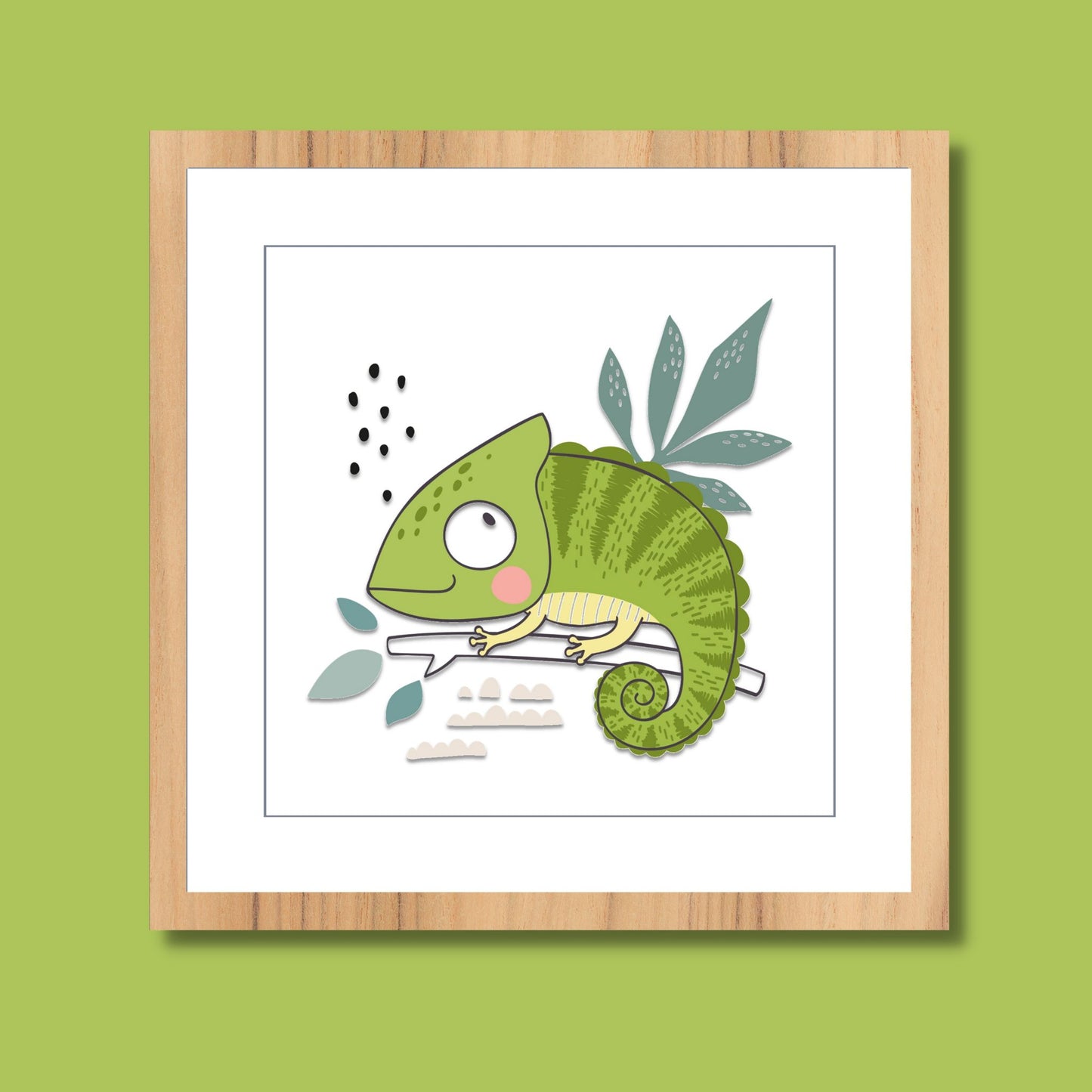 Koselig grafisk barneplakat med en søt, grønn gekko som sitter på en gren.