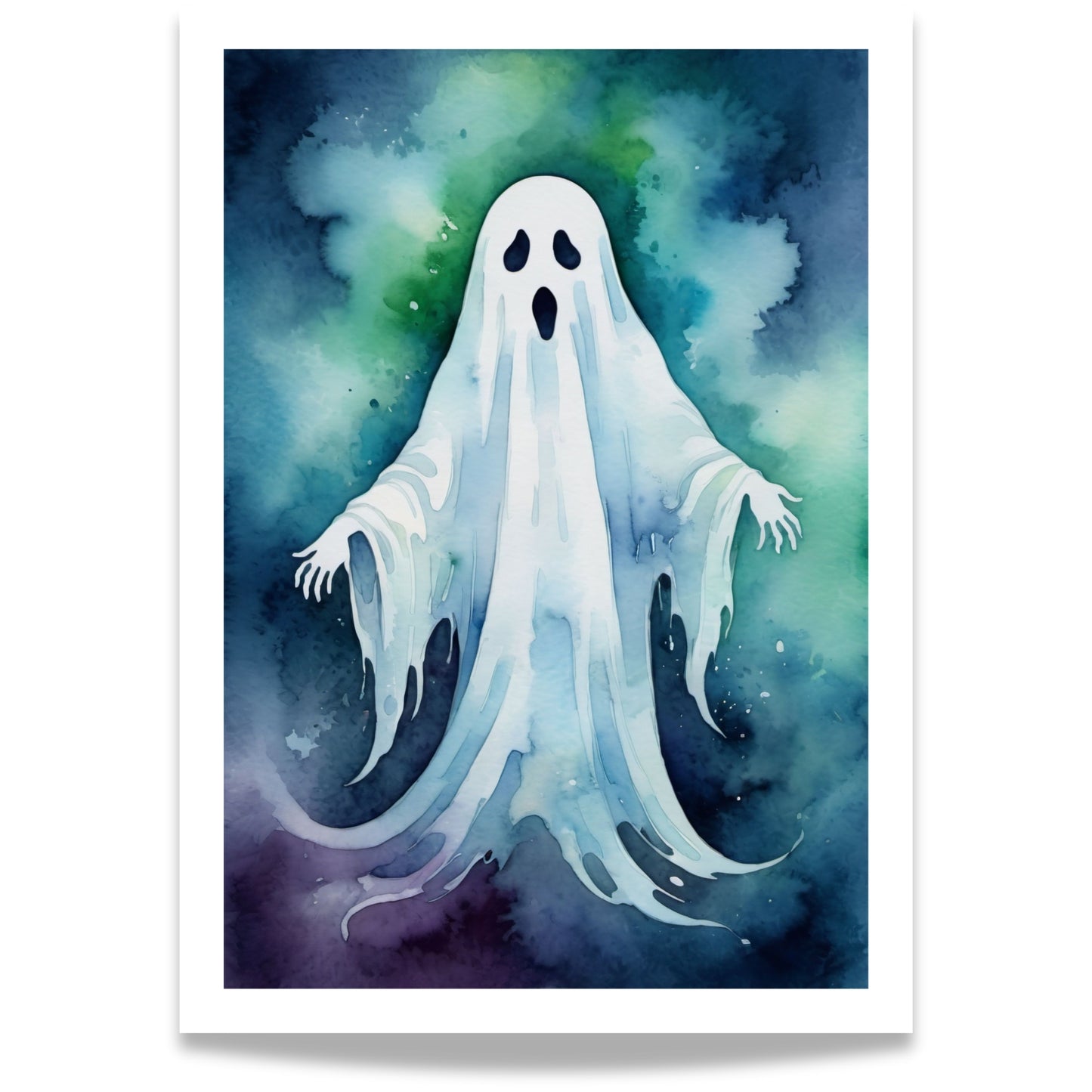 “Ghostly Glow” viser et klassisk spøkelse i myke akvarellfarger.