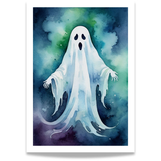 “Ghostly Glow” viser et klassisk spøkelse i myke akvarellfarger.