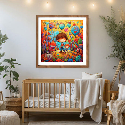 Dette fargerike grafiske mesterverket, fremstilt med kunstig intelligens, viser to små gutter som holder hender mens de utforsker en fantasiby full av livlige farger og detaljer. Illustrasjonsfoto viser motivet som plakat i en eikeramme på et barnerom.
