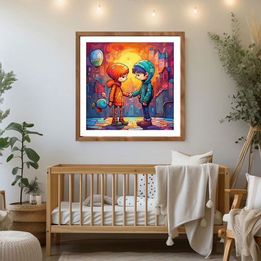 Denne fargerike grafiske plakaten fremstilt med kunstig intelligens (KI) bringer til live en sjarmerende scene hvor en gutt og jente går hånd i hånd gjennom en livlig fantasiby. Illustrasjonsfoto viser motiver som plakat i en ramme av eik på et barnerom.
