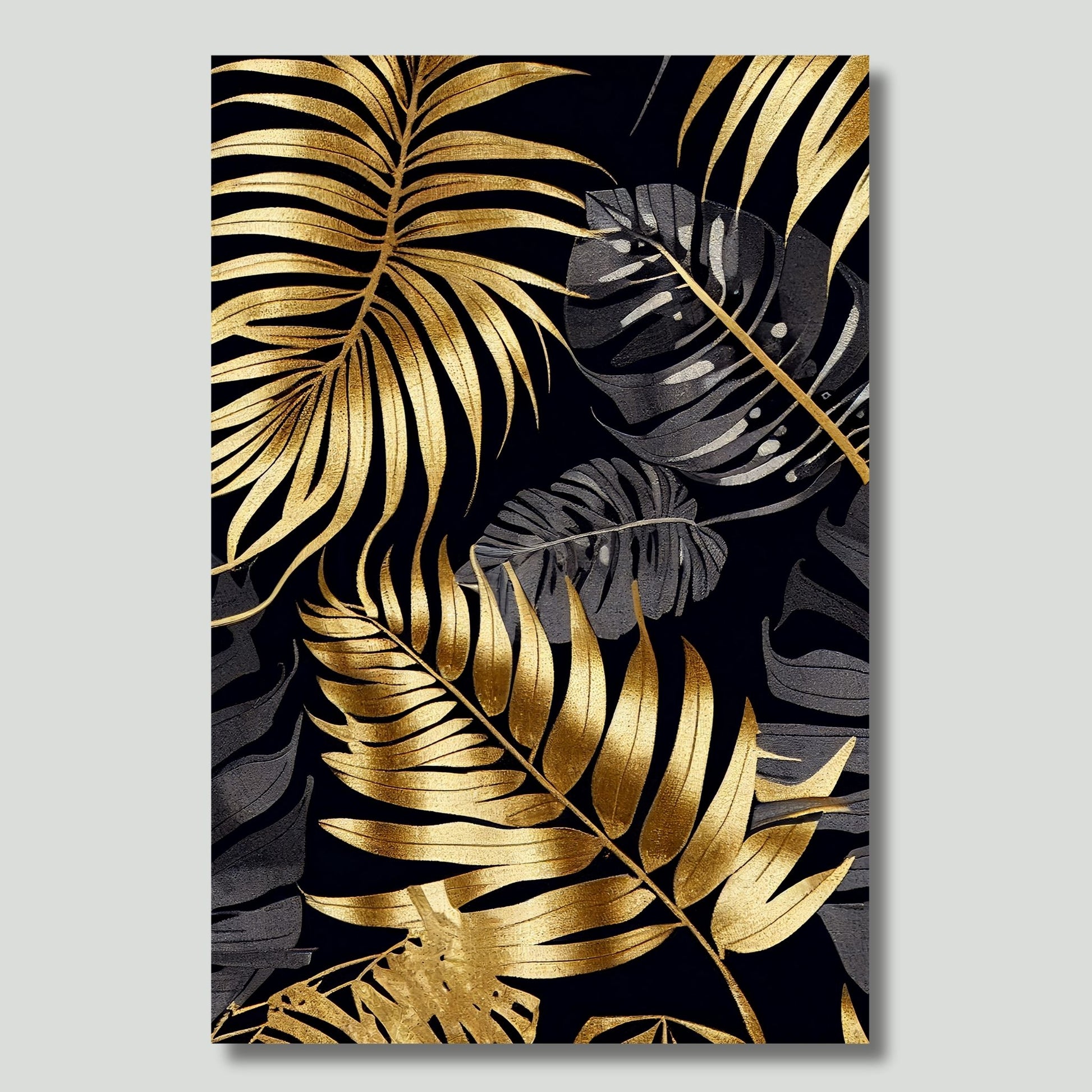 Dette kunstverket fanger oppmerksomheten med sine abstrakte gullpenselstrøk mot en dyp, sort bakgrunn, som fremhever detaljene i de delikate bladmotivene. Illustrasjonen viser motivet på lerret.