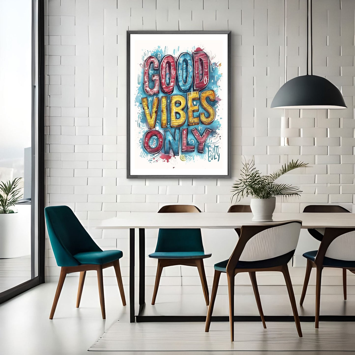 Grafisk illustrasjon med teksten "Good Vibes Only" i store, fete bokstaver i rødt, gult og blått mot en blå bakgrunn. Illustrasjonsfoto av plakat i sort ramme på en vegg ved et spisebord.