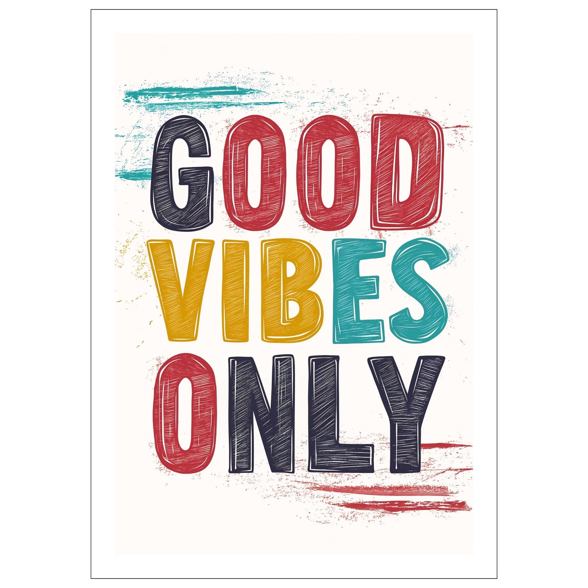 Grafisk illustrasjon med teksten "Good Vibes Only" i store, fete bokstaver i rødt, gult og blått mot en blå bakgrunn. 