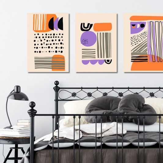 Graphic Abstract Art kunstplakater er ikke bare et kunstverk, men uttrykksfulle dekorasjoner som gir liv og personlighet til veggene dine. Enten du velger plakat eller lerret, vil disse kunstverkene skille seg ut og vekke beundring. Den dempede oransje bakgrunnen skaper en harmonisk balanse med de kontrasterende fargene. Illustrasjonsfoto viser motivene 1, 2 og 3 på lerret.