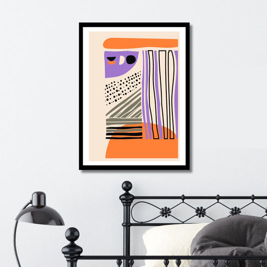 Denne unike kunstverkets visuelle dynamikk er skapt gjennom en intrikat håndtegnet abstrakt stil. Med fargerike kombinasjoner av svart, oransje, lilla og grått, satt mot en dempet oransje bakgrunn. Illustrasjonsfoto viser motivet som plakat i svart ramme.