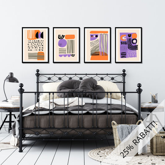 Graphic Abstract Art kunstplakater er ikke bare et kunstverk, men uttrykksfulle dekorasjoner som gir liv og personlighet til veggene dine. Enten du velger plakat eller lerret, vil disse kunstverkene skille seg ut og vekke beundring. Den dempede oransje bakgrunnen skaper en harmonisk balanse med de kontrasterende fargene. Illustrasjonsfoto viser motivene som plakater i svart ramme.