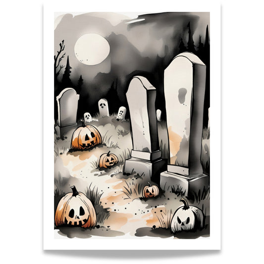 Skap en skremmende og atmosfærisk dekor med Graveyard Shadows, en Halloween-plakat som fanger essensen av mørket og mystikken fra et hjemsøkt gravsted