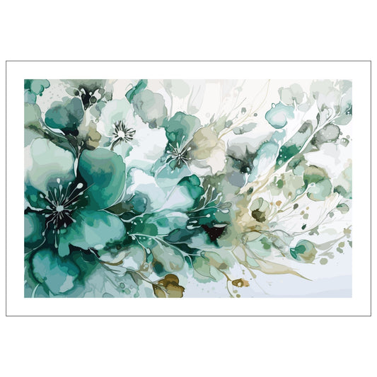 Grafisk akvarell av vakre, små blomstrer i grønne fargenyanser, med innslag av beige og brunt.