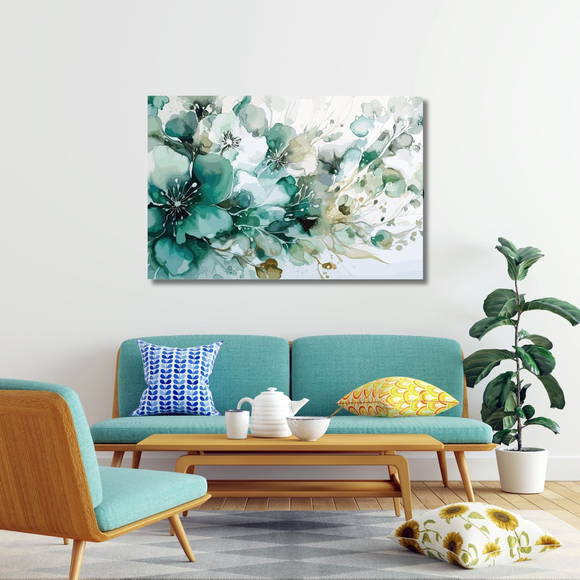 Grafisk akvarell av vakre, små blomstrer i grønne fargenyanser, med innslag av beige og brunt. Illustrasjonsfoto viser motivet på lerret som henger over en sofa.