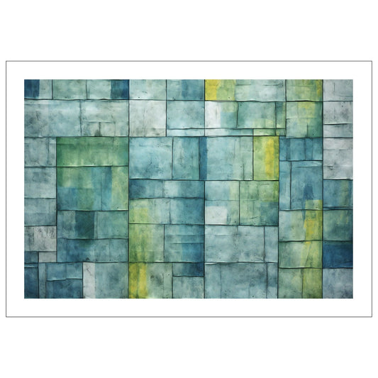 Grafisk abstrakt akvarell som viser et dus firkantet mønster i blågrønne og lime fargenyanser.