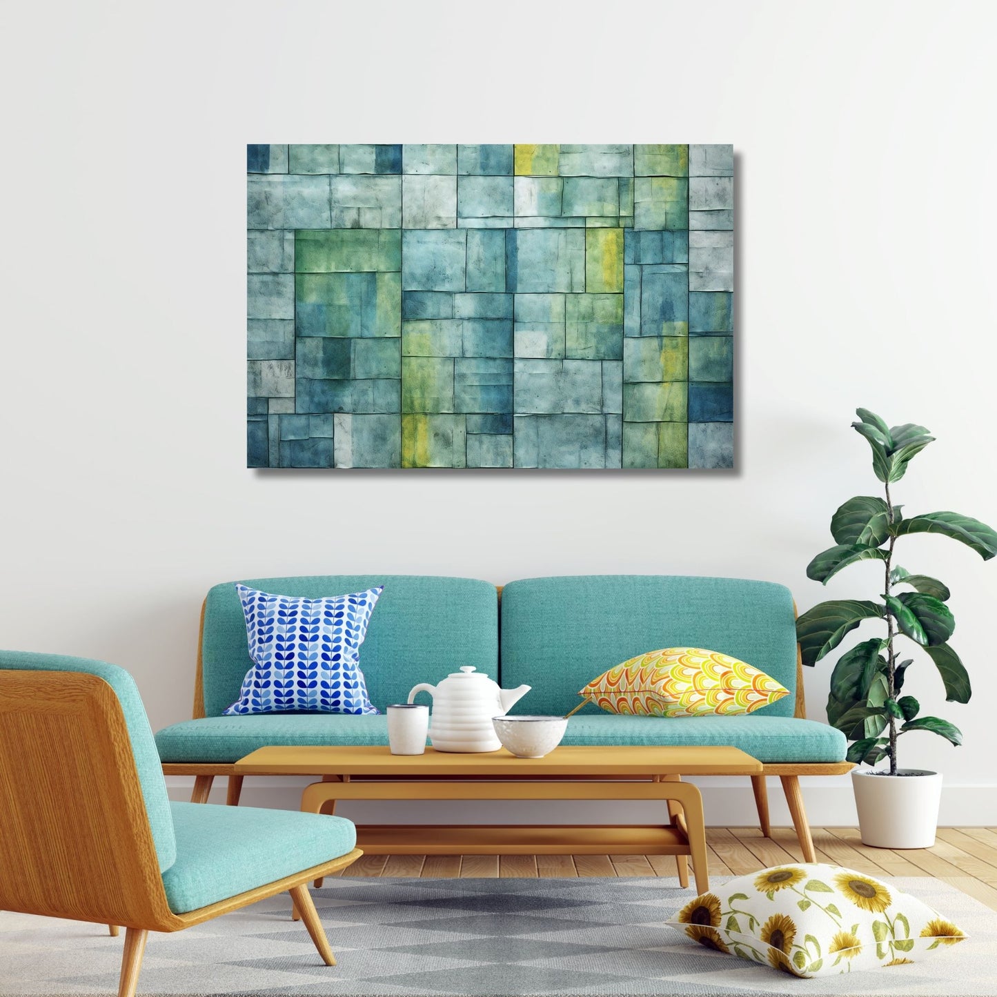 Grafisk abstrakt akvarell som viser et dus firkantet mønster i blågrønne og lime fargenyanser. Illustrasjonsbildet viser motivet spå lerret som henger over en sofa.