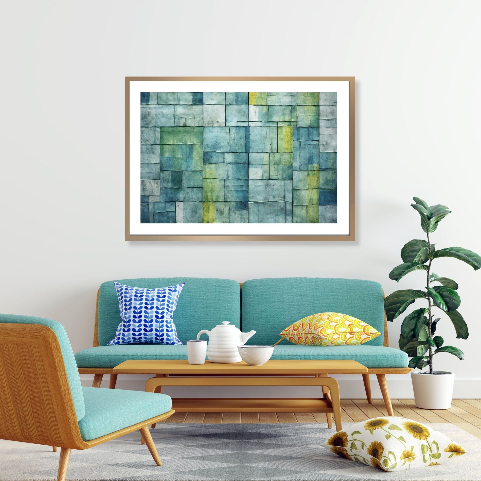 Grafisk abstrakt akvarell som viser et dus firkantet mønster i blågrønne og lime fargenyanser. Illustrasjonsbildet viser motivet som plakat i lys ramme som henger over en sofa.