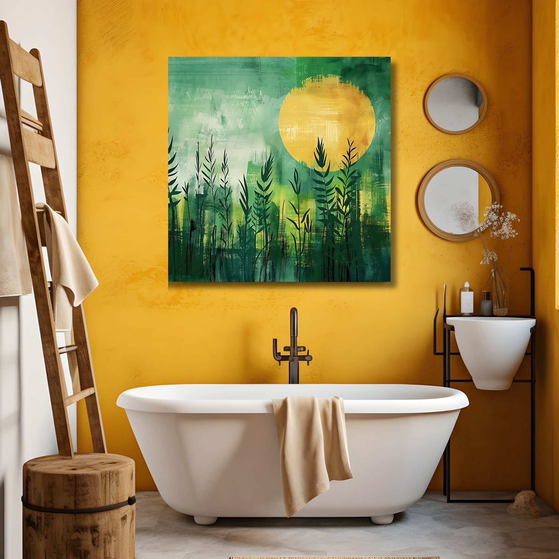 Grafisk akvarell av  strå og blader som bader i et hav av grønt og gult, med en majestetisk sol som går ned i horisonten. Illustrasjonsfoto viser motivet på lerret som henger over ete badekar.