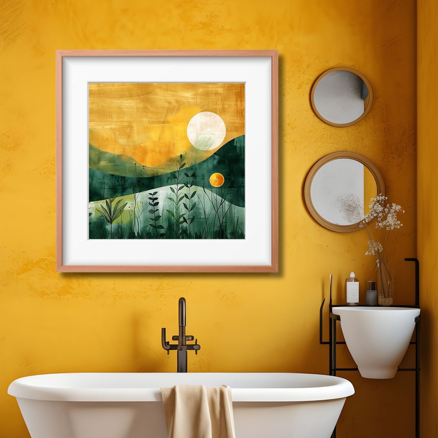 Grafisk akvarell av  strå og blader som bader i et hav av grønt og gult, med en majestetisk sol som går ned i horisonten. Illustrasjonsfoto viser motivet som plakat i en lys ramme som henger på en vegg over et badekar.