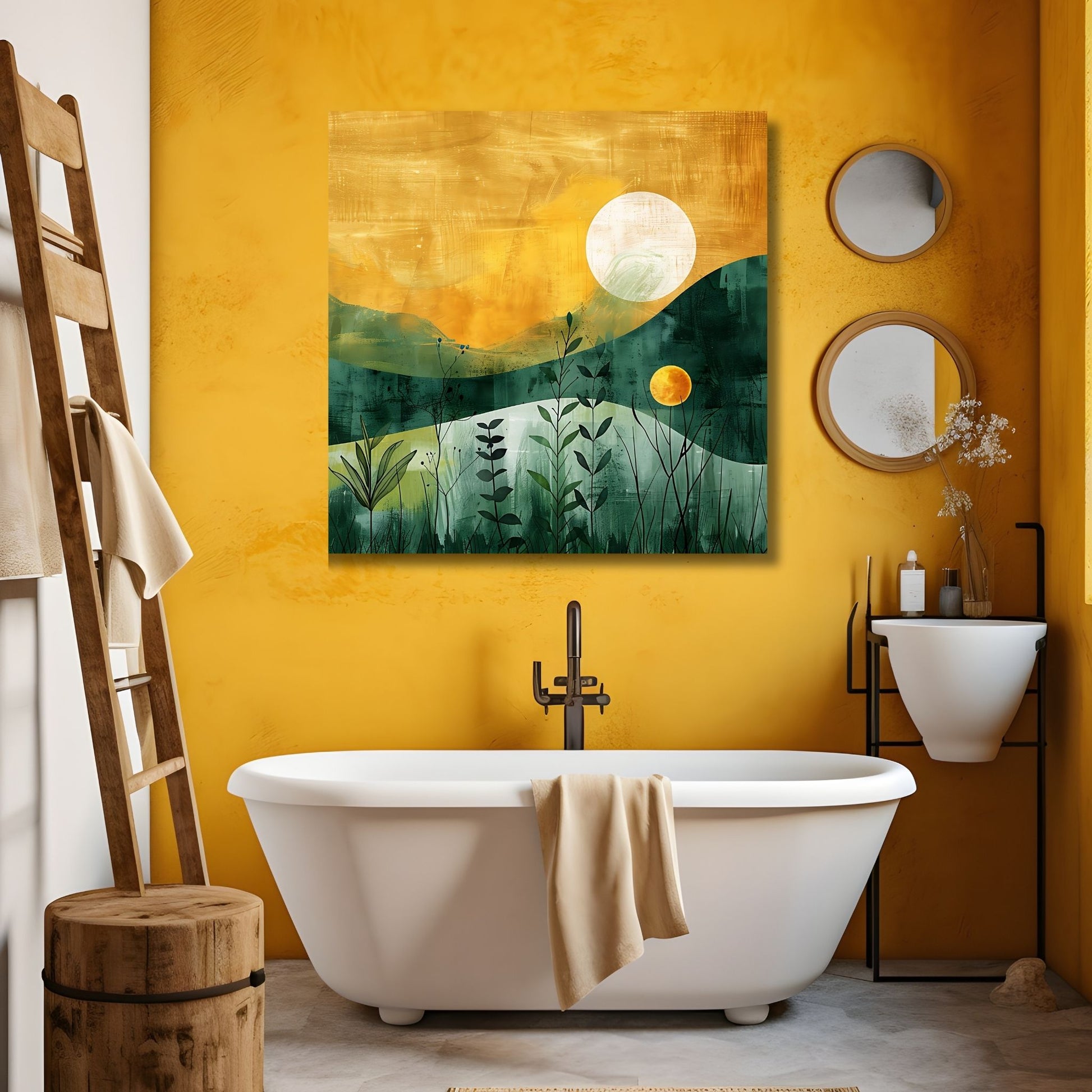 Grafisk akvarell av  strå og blader som bader i et hav av grønt og gult, med en majestetisk sol som går ned i horisonten. Illustrasjonsfoto viser motivet på lerret som henger over ete badekar..