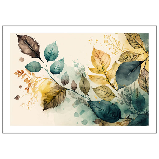 Grafisk abstrakt akvarell av bladverk i grønt, gult og brunt på en beroligende beige bakgrunn.