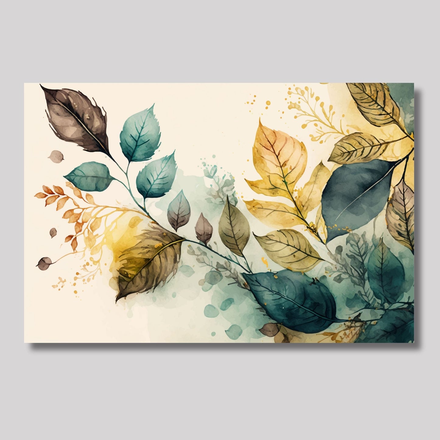 Grafisk abstrakt akvarell av bladverk i grønt, gult og brunt på en beroligende beige bakgrunn. Illustrasjonsfoto viser motivet på lerret.
