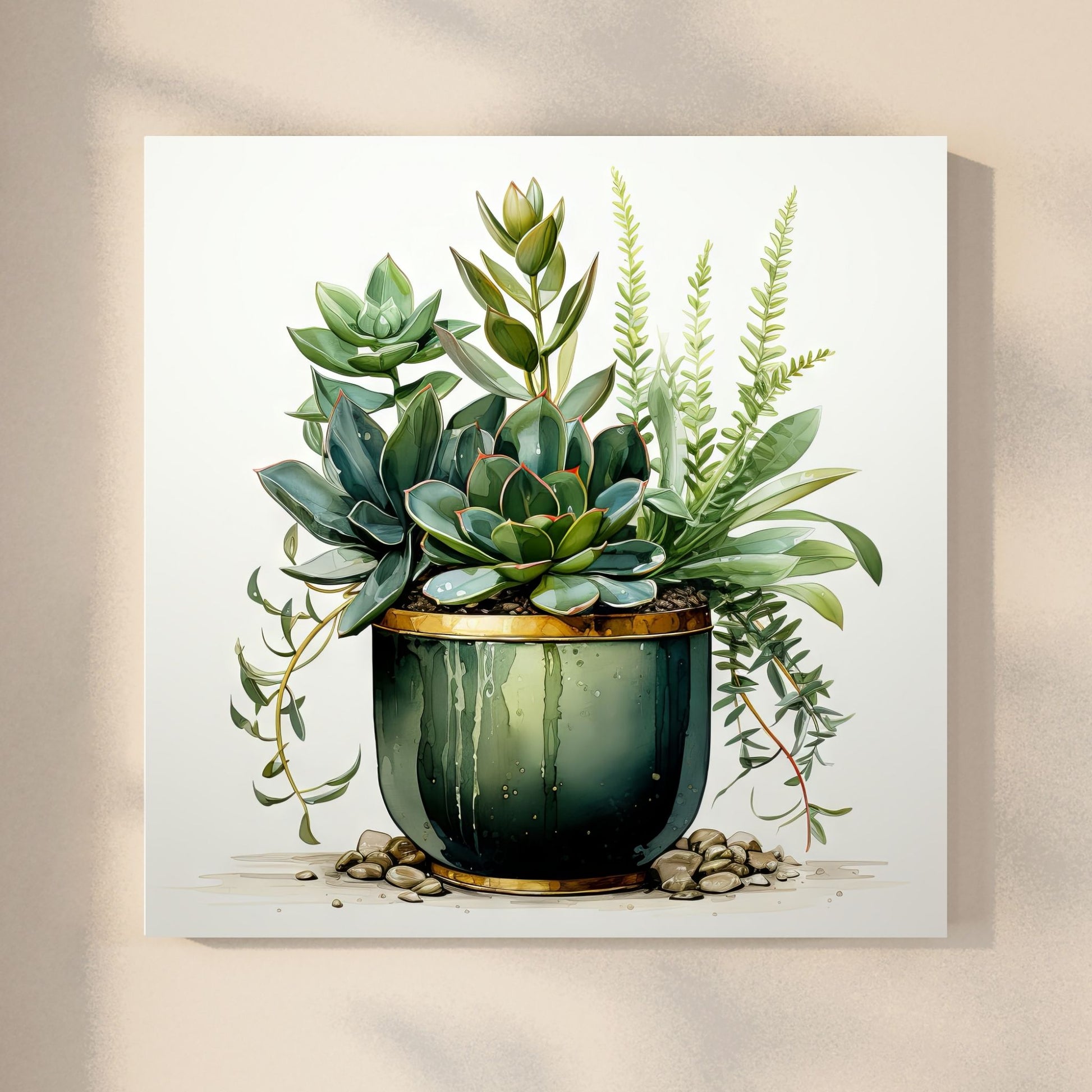 "Grønne Vekster", er en nøye utført grafisk akvarellillustrasjon som fanger essensen av grønne vekster i krukker. De delikate detaljene og de livlige fargene i dette kunstverket gir en følelse av ro og naturlig skjønnhet til ethvert rom. Illustrasjonsbilde viser motivet på lerret.