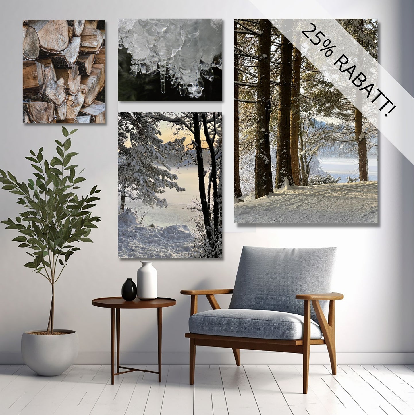 Lag en gallerivegg med vinterbilder. Galleri Vinter No1 består av 4 plakater eller lerret. Illustrasjonen viser gallerivegg med lerretsmotiv.